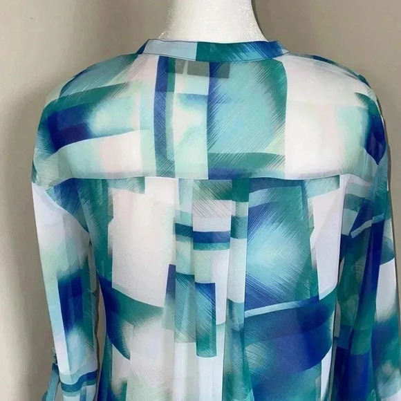 a.n.a Blue and White Rolled Tab Sleeve Sheer Blouse​​ - Picture 7 of 8